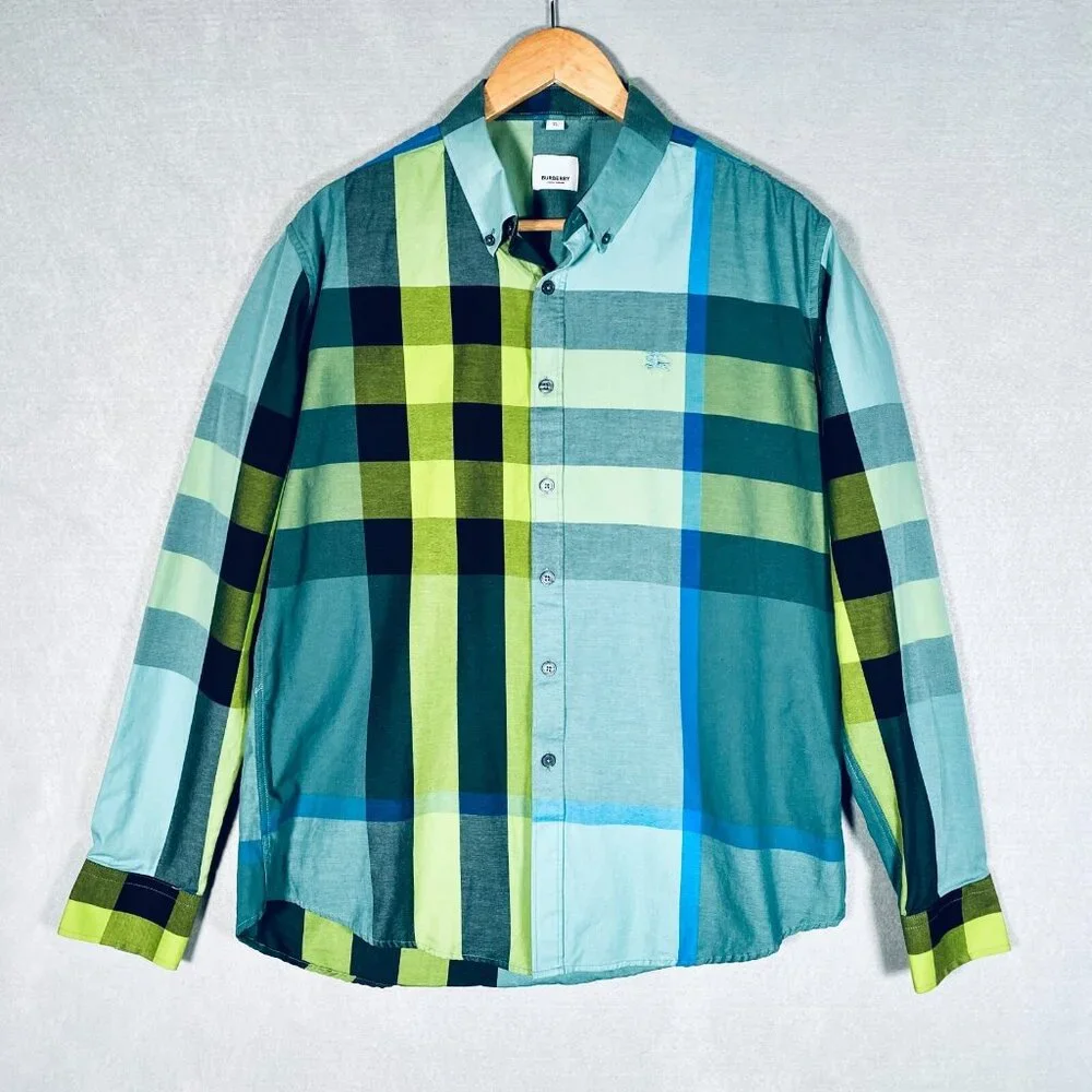 Burberry Shirt Mens XL Green Cotton Plaid Casual Button Down